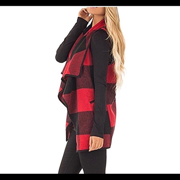 🆕Open Front Plaid Vest Cardigan Pockets - Picture 2 of 2